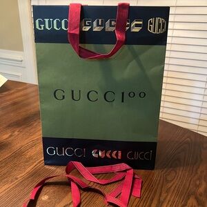 Gucci Green & Navy Shopping Bag with Pink Ribbon Handles